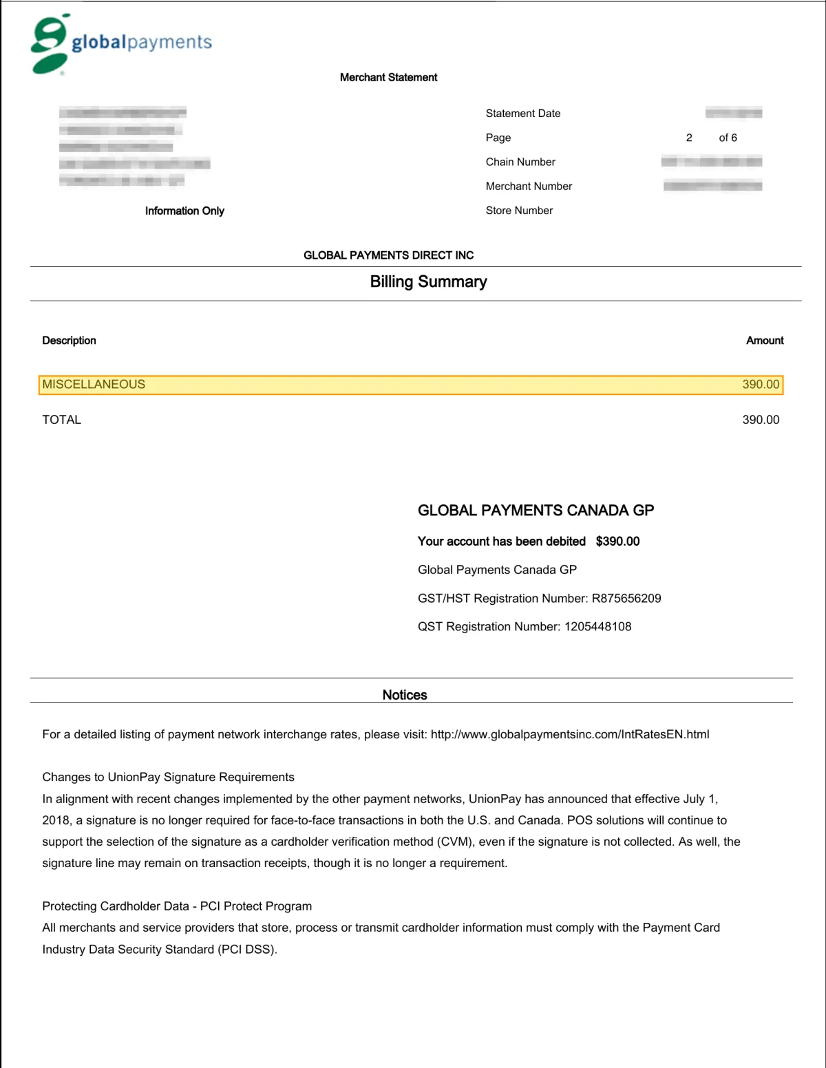 Toronto statement showing the MISCELLANEOUS charge and Billing Summary