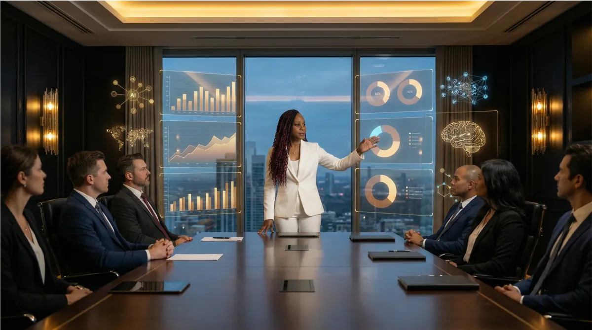 AI consultant reviewing analytics dashboard with neural network visualization