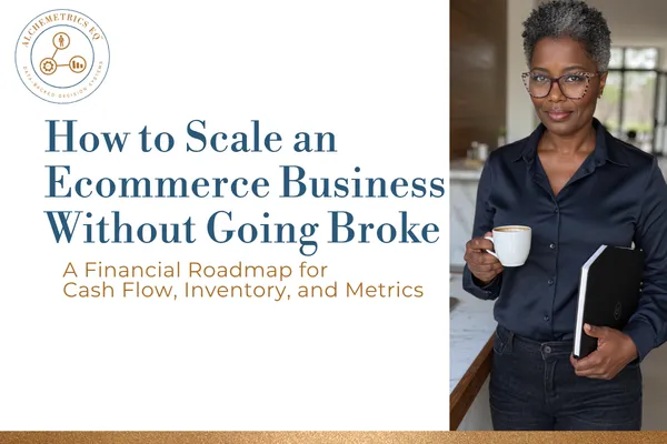 Professional banner featuring a confident woman holding a coffee and laptop beside the headline “How to Scale an Ecommerce Business Without Going Broke: A Financial Roadmap for Cash Flow, Inventory, and Metrics,” with Alchemetrics EQ® branding.