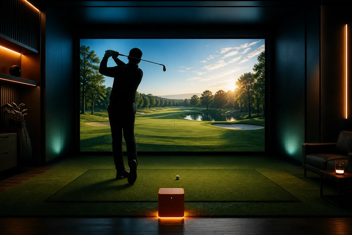 Illustrated indoor TrackMan golf bay in Winter Garden