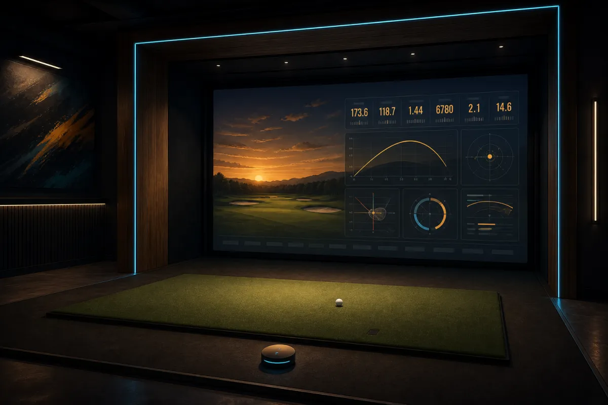 Illustrated indoor TrackMan lesson bay, empty hitting mat and launch data