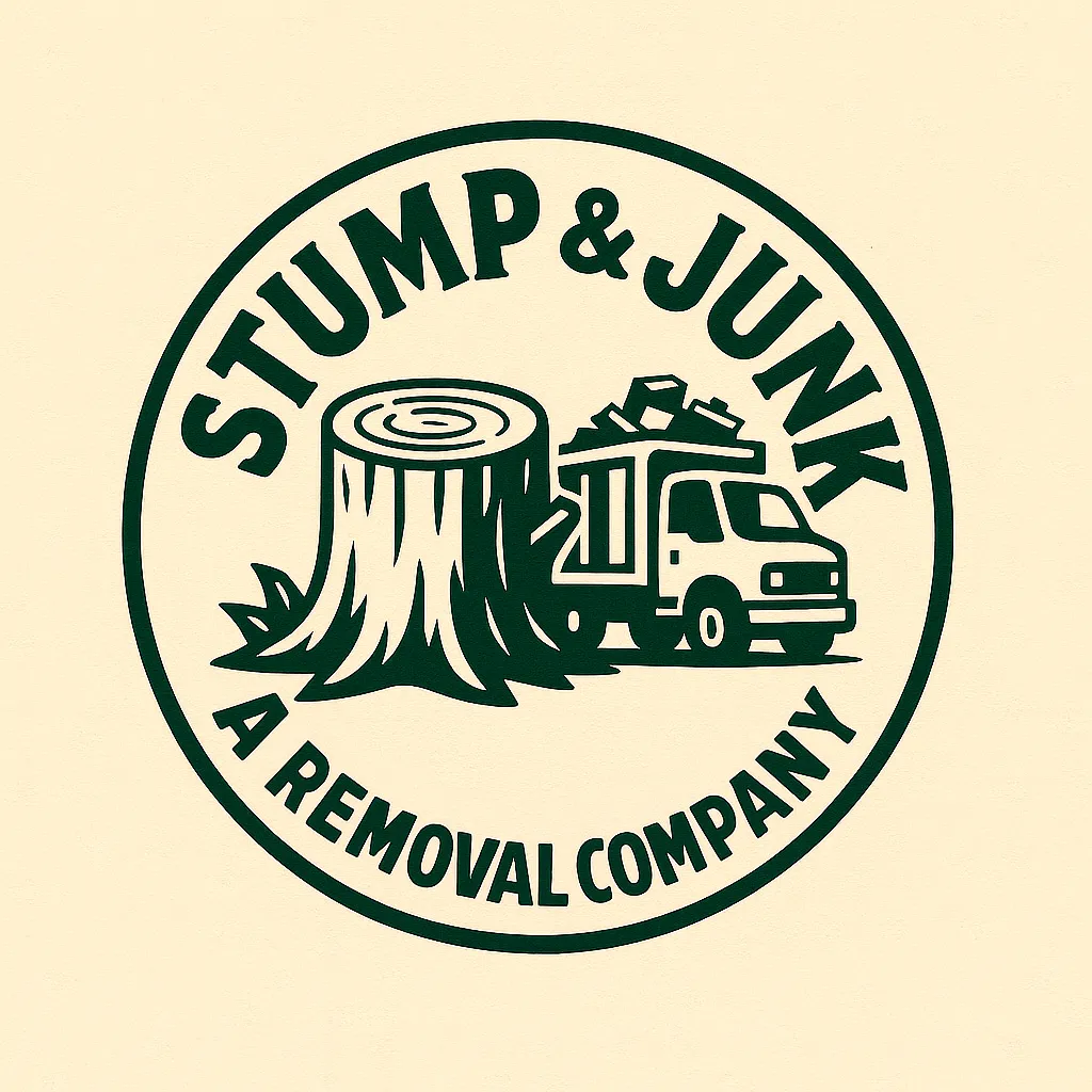 Stump and Junk Removal Company logo of a tree trunk next to a truck hauling away tree stumps and junk