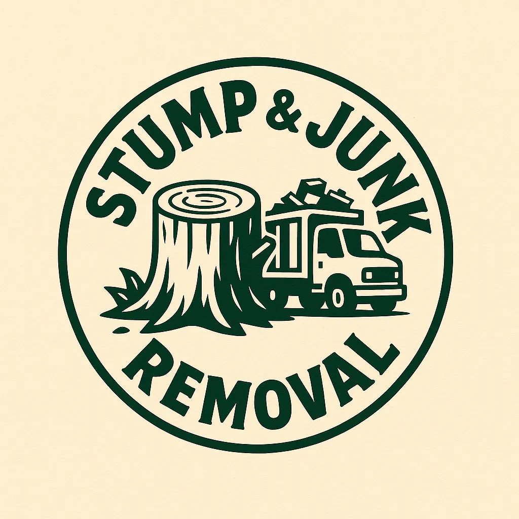 Stump and Junk Removal Company logo of a tree trunk next to a truck hauling away tree stumps and junk