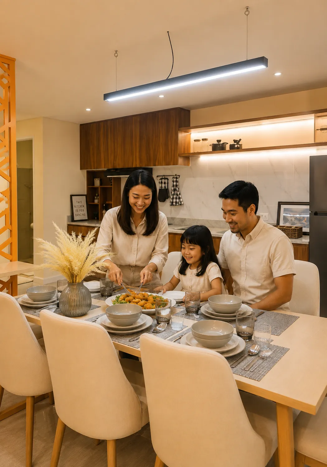 Family enjoying a meal together inside the Brooke House at La Riviera