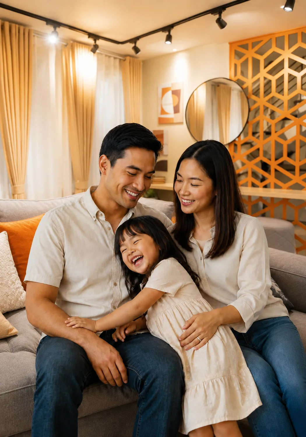 A smiling family of three sitting together on a light-colored sofa in a modern, brightly lit living room.