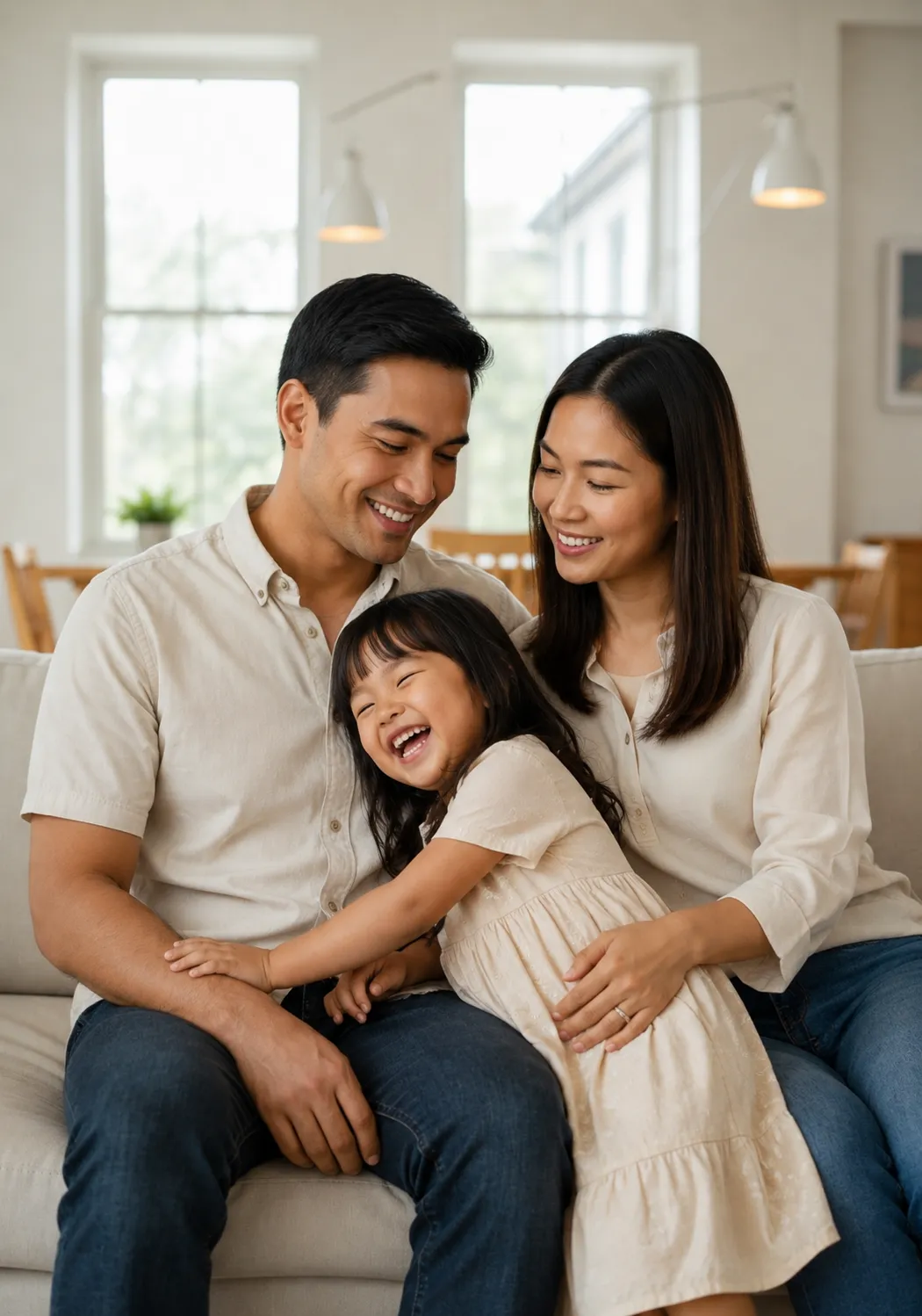 A smiling family of three sitting together on a light-colored sofa in a modern, brightly lit living room.