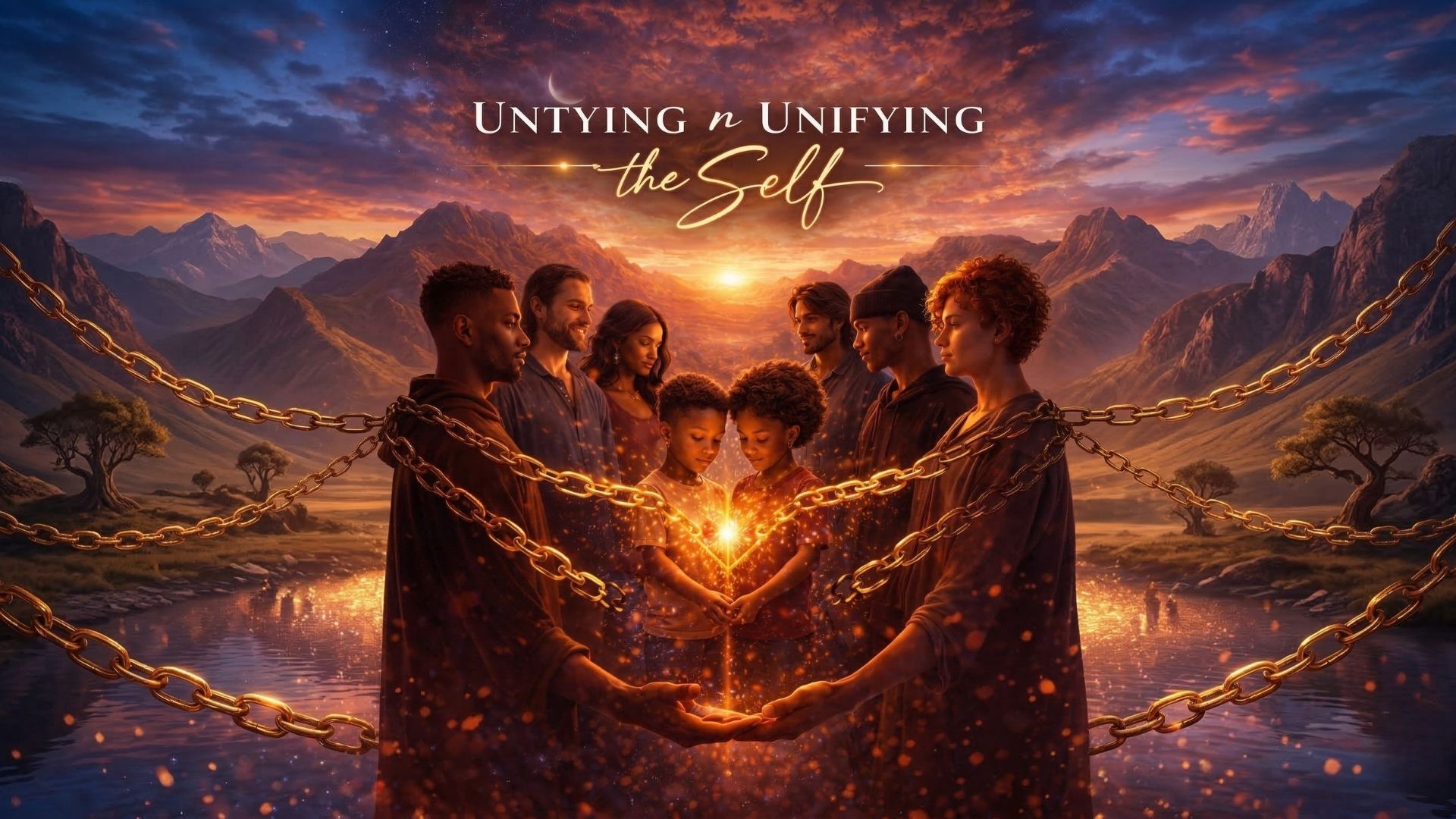 An epic digital artwork titled 'UNTYING & UNIFYING the Self' features a diverse, multi-generational group of eight people, all barefoot and dressed in simple monastic robes, standing together over a calm lake. A strong, golden, radiant light source emanates from the hands of several central figures, held between a Black man and two young children. From this central point, heavy, golden linked chains form a complex, interconnected web that drapes over and around the standing group and extends outwards into a wide mountain landscape under a warm sunset sky. The golden chains function as both constraints being unified or connections that are interlocking, framed by olive trees in the foreground. The sun is setting behind the mountains, casting warm light and particles, and a crescent moon is visible in the indigo-to-orange sky gradient. The overall scene is a powerful visual metaphor for release, connection, and spiritual transcendence.