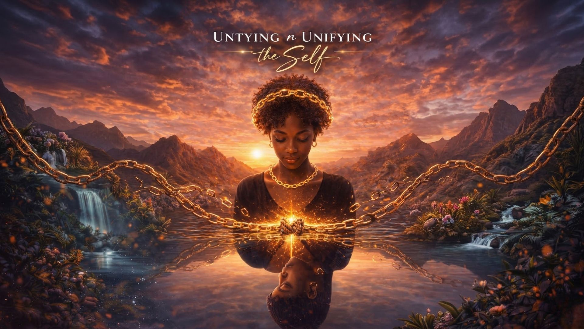 Promotional artwork titled "Untying & Unifying the Self" featuring a young Black woman with a golden headband, gazing down at a glowing knot in a gold chain draped over a lake against a majestic sunset mountain landscape.