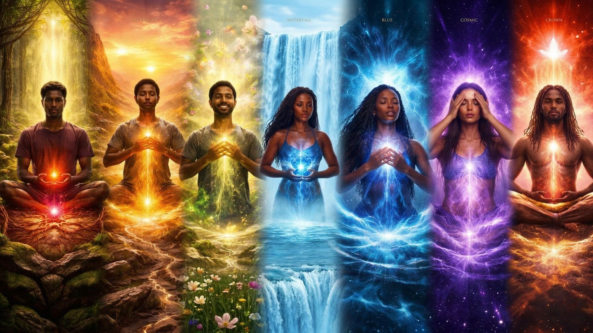 A panoramic digital art piece featuring seven diverse individuals in meditative poses, each representing a unique spiritual state or chakra energy through vibrant color vertical panels including gold, green, blue, purple, and red, with themes like "Ascension," "Waterfall," and "Cosmic."
