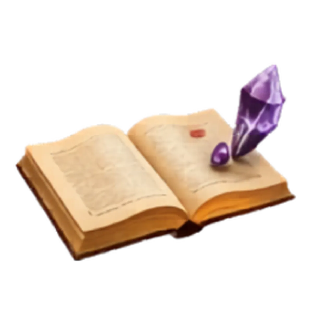 An open vintage book with handwritten text and a purple crystal shard resting on its pages, surrounded by several lit tea light candles in a warm, mystical setting.