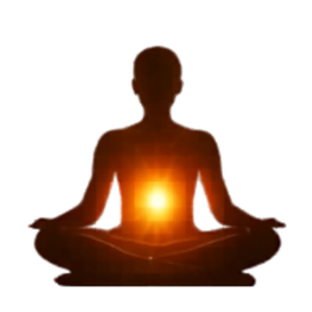 Silhouette of a person in a cross-legged meditation pose with a bright golden light glowing from their center, set against a radiant and textured amber energy background.