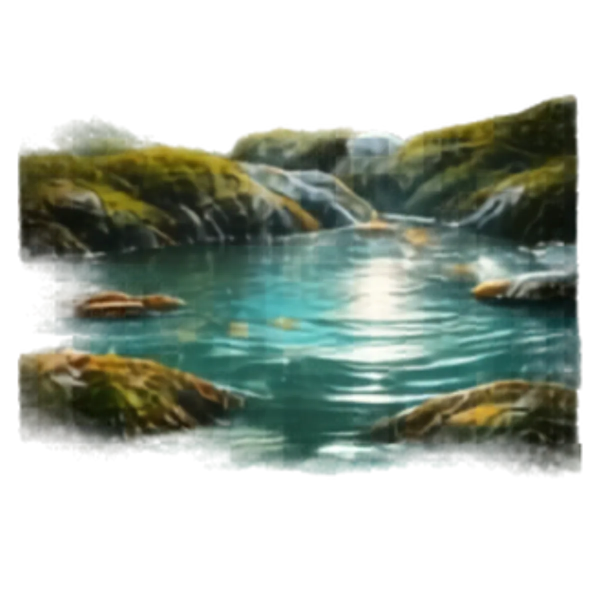 A tranquil, turquoise pond nestled among moss-covered rocks and lush green banks, featuring a soft, shimmering light reflection on the calm water's surface in a misty landscape.