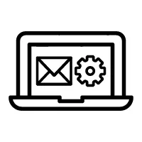 Icono de una computadora portatil y un sobre de mensaje con un ícono de engranaje para simbolizar el envío de mensajes y newsletter con el CRM.