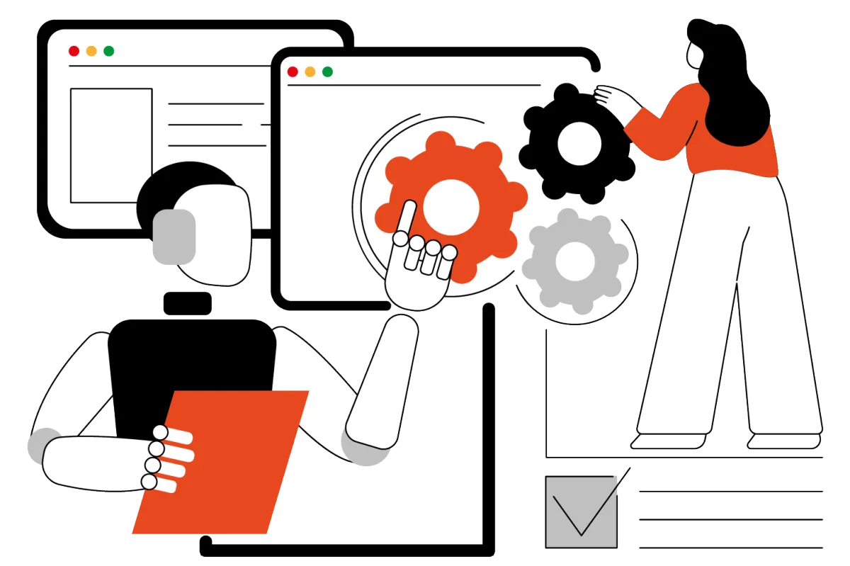 llustración de una dama tocano un icono de configuración junto a un robot para simbolizar la tecnología de inteligencia artificial.