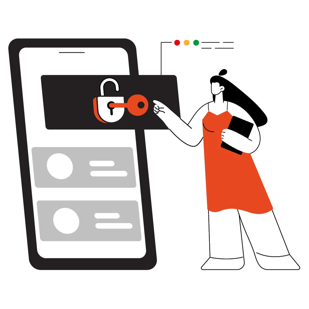 Ilustración de una persona con una llave abriendo un iPad para representar nuestra solución llave en mano.