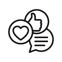 Icono con un like, un corazón de Instagram y un chat para representar el planificador de Social Media.