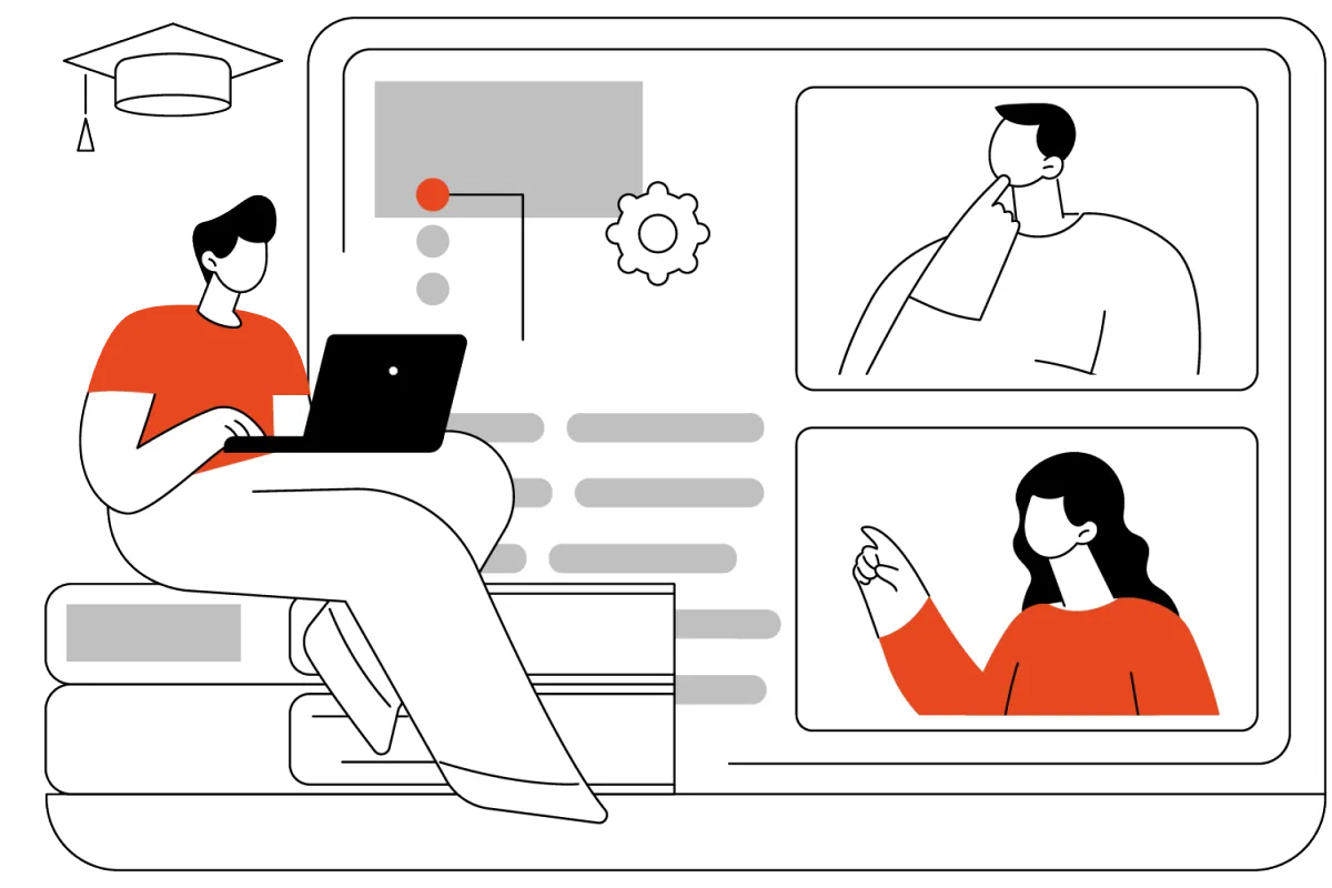 Ilustración de una pantalla con alumnos recibiendo clases de un profesor en formato online.