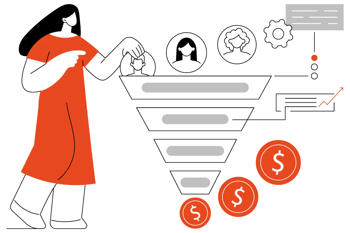 Ilustración de un funnel donde entran clientes y sale dinero.
