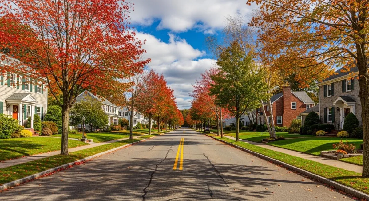 A view down one of the neighborhood streets of Southborough, MA where Horizon Deck and Patio installs decks and patios