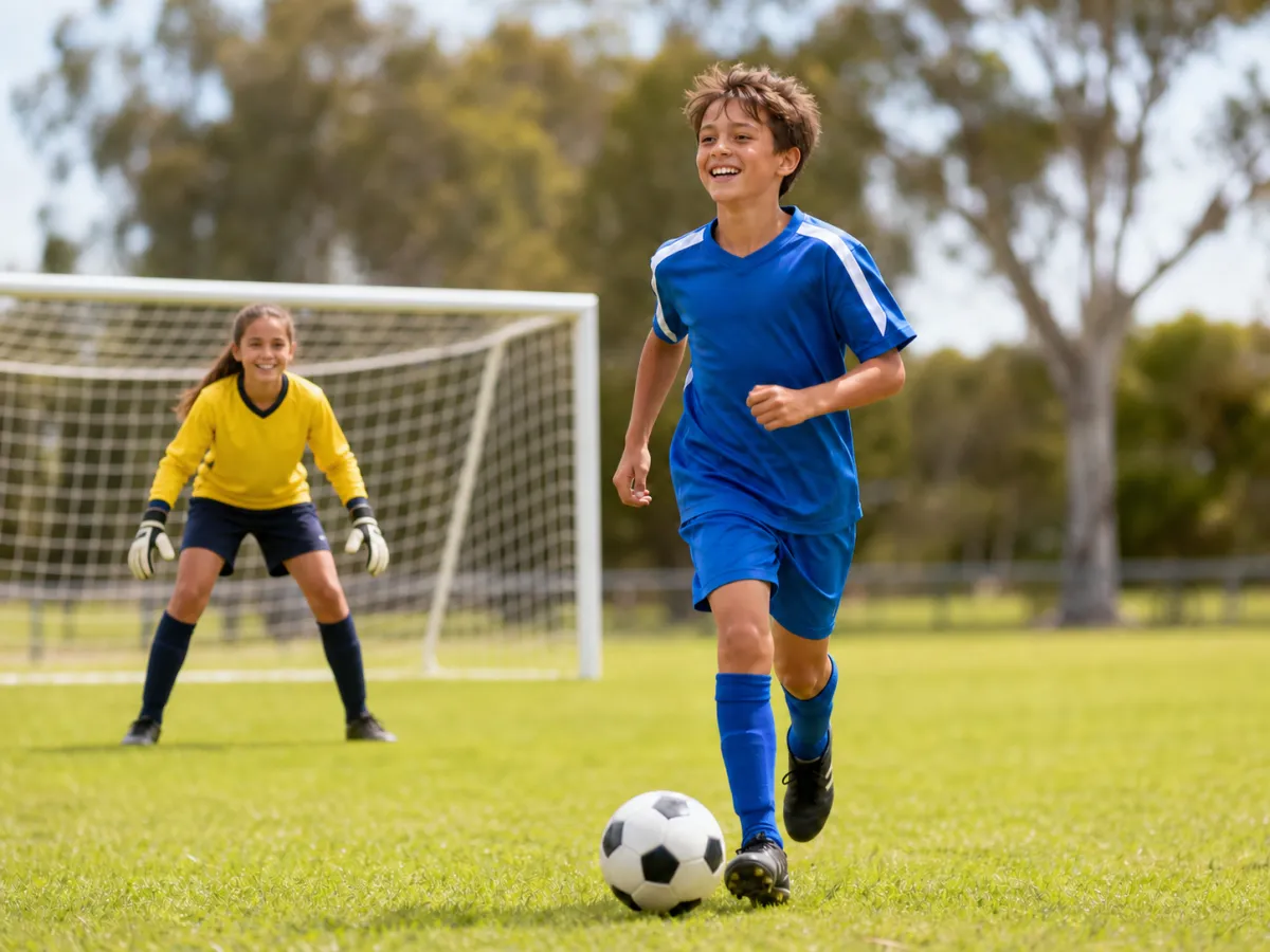School-aged boy playing soccer with a girl goalkeeper on a community field