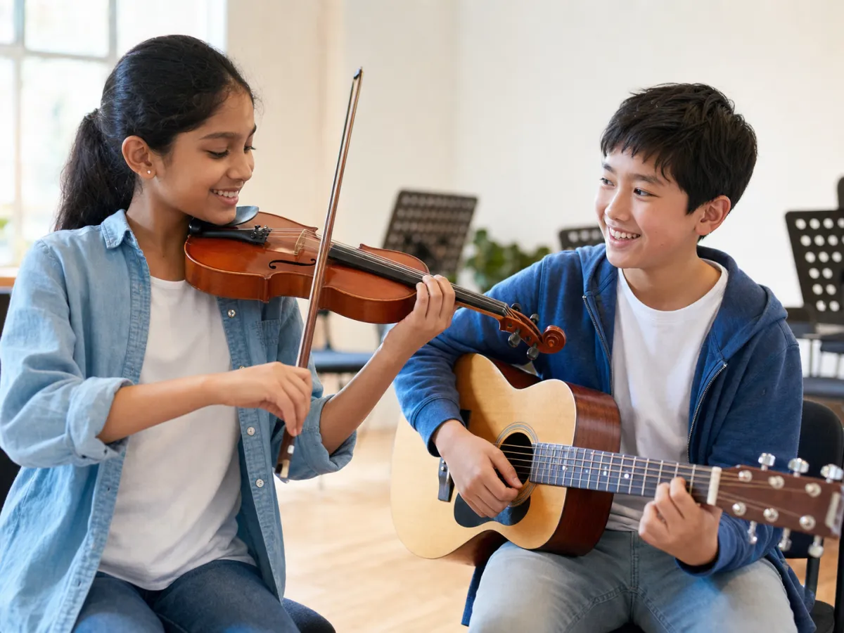 School-aged children enjoying violin and guitar practice together