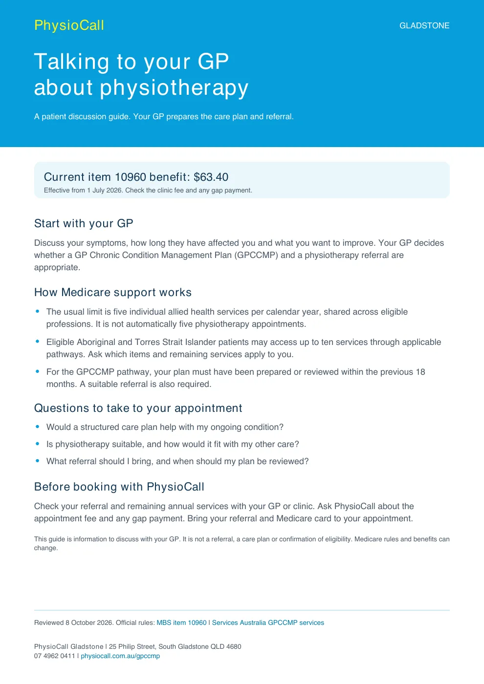 Preview of the PhysioCall GP discussion guide, reviewed October 2026