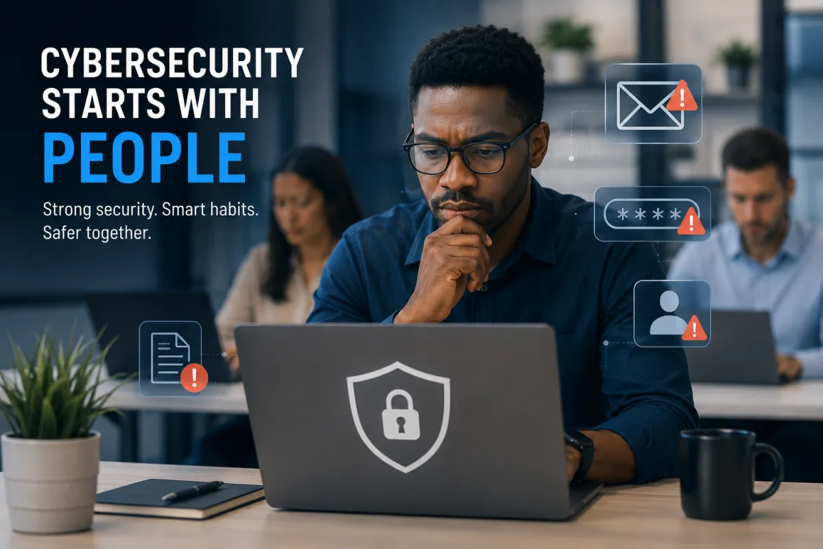 Employees working in a modern office highlighting that people remain the greatest cybersecurity risk through phishing awareness and secure workplace practices.