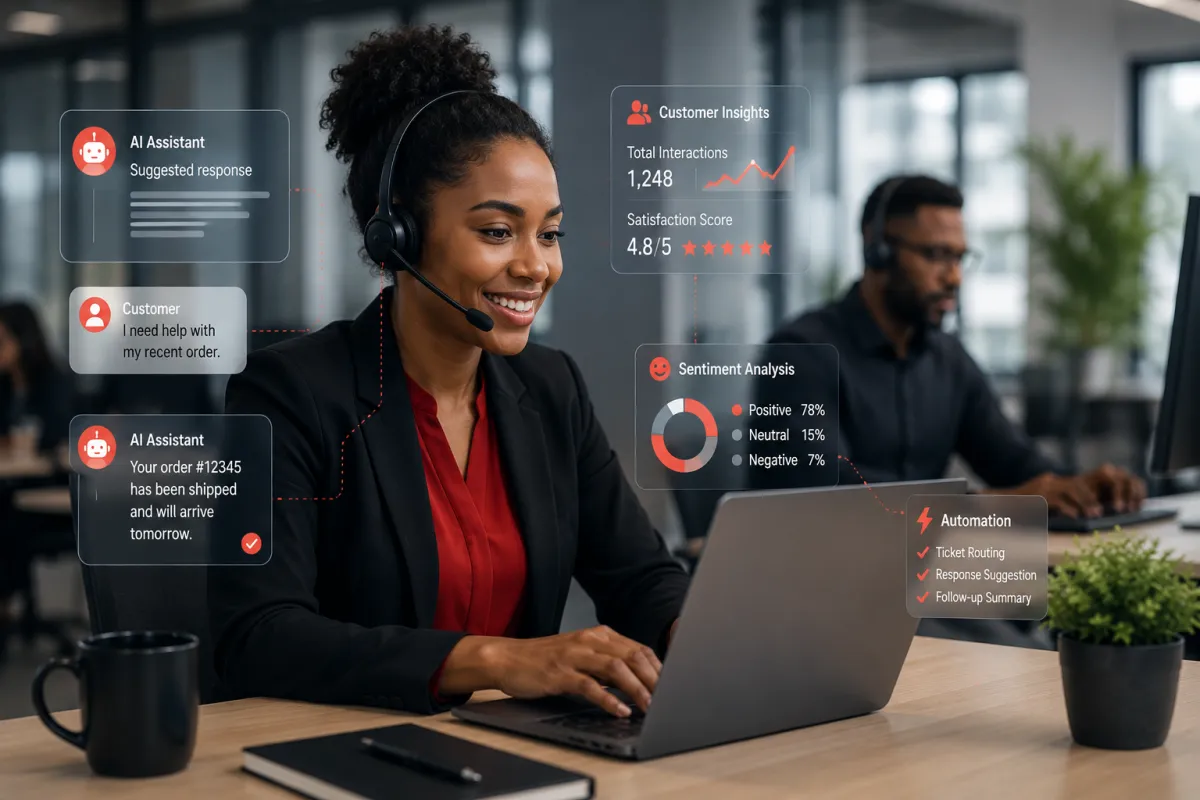 Customer service professional using AI-powered tools to assist customers, with digital dashboards displaying automation, customer insights, sentiment analysis, and real-time support metrics in a modern business office.