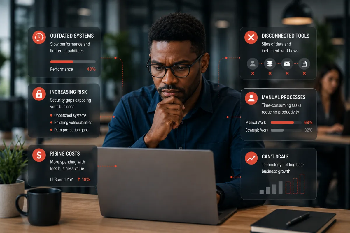 Business executive reviewing technology strategy with digital dashboards highlighting cybersecurity risks, rising IT costs, disconnected systems, and business growth challenges in a modern office.