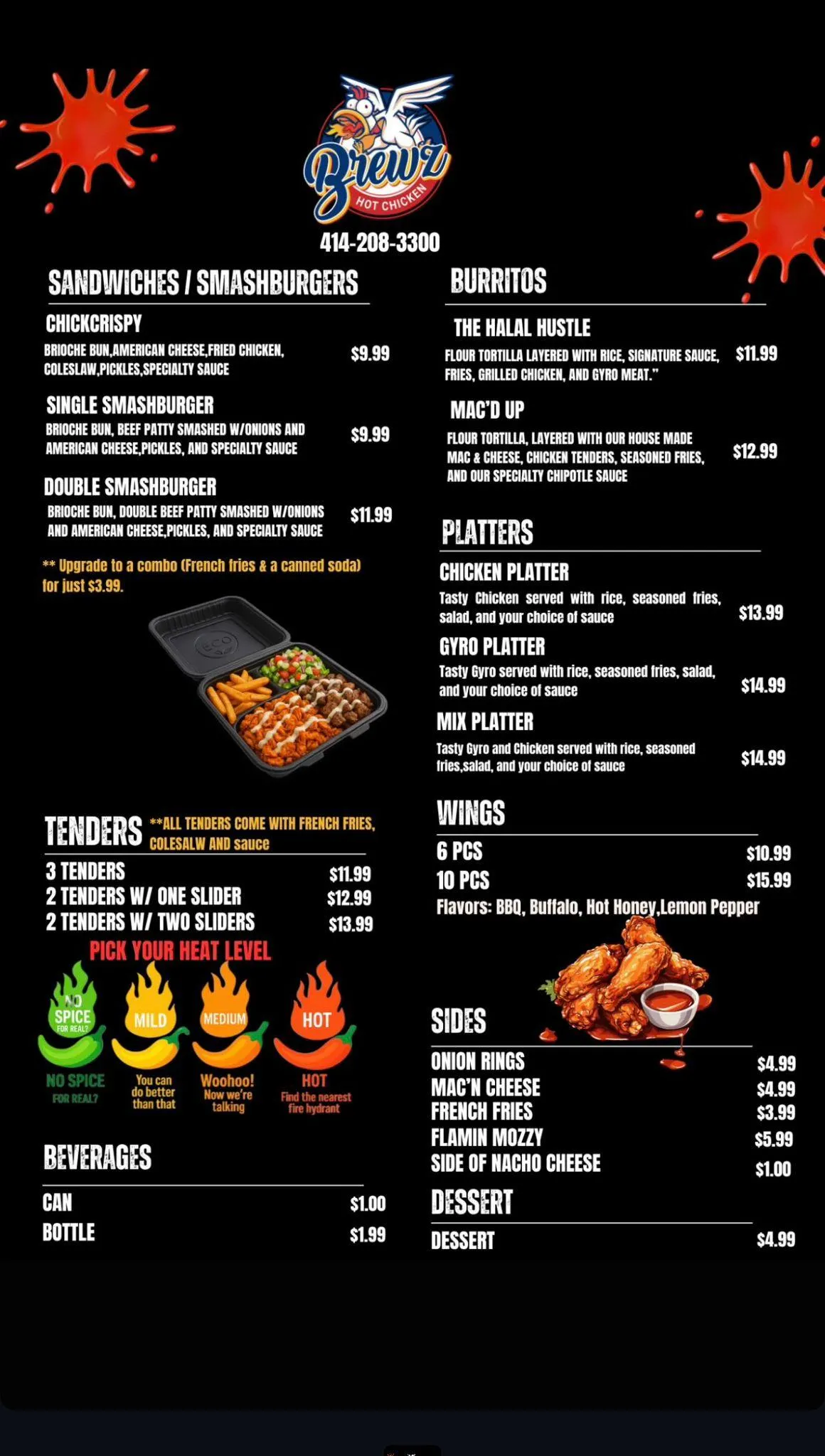 A vibrant 3:2 image of a Brewz Hot Chicken platter, featuring golden, crispy chicken pieces with a spicy red glaze, served on a rustic wooden board with pickles and toasted bread. The background is a lively, bustling restaurant scene with diverse diners enjoying their meals, captured in a warm, inviting style.