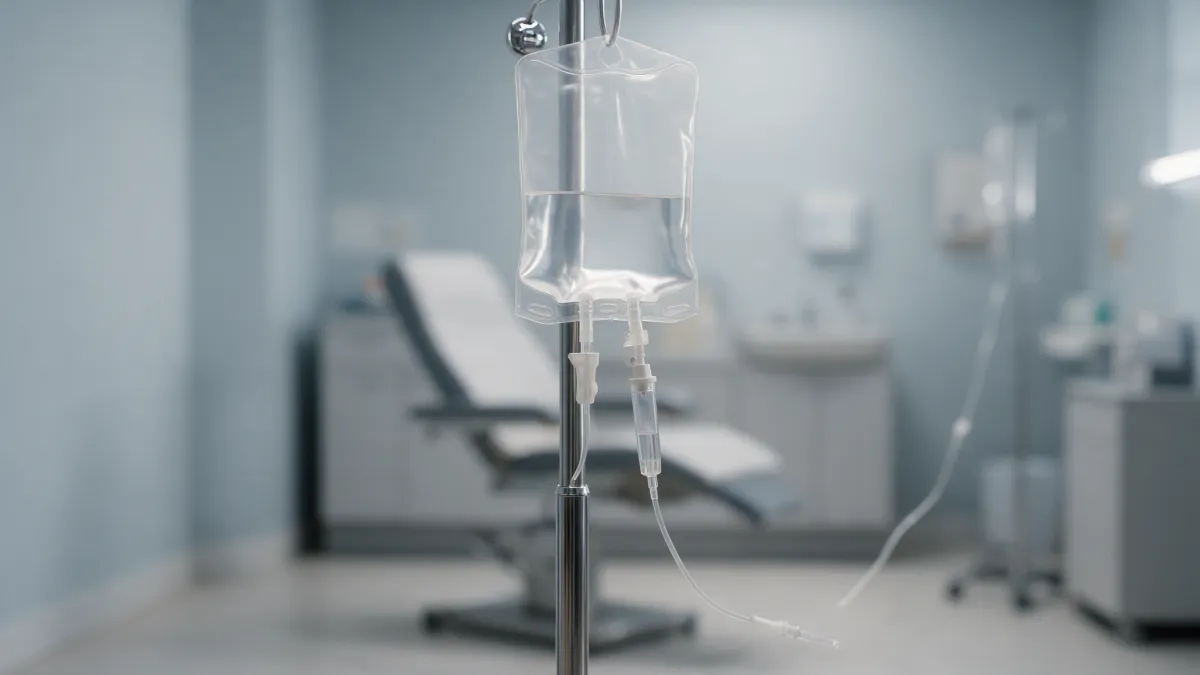 IV infusion bag hanging on a pole in a stark, sterile clinical treatment room, illustrating the unregulated NAD+ IV infusions this post examines