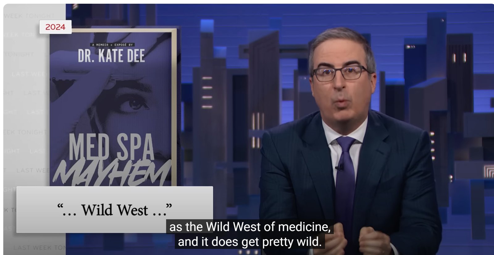 Medspa Mayhem shown on screen during Last Week Tonight with John Oliver