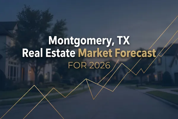Aerial view of Montgomery TX neighborhood with homes and lake