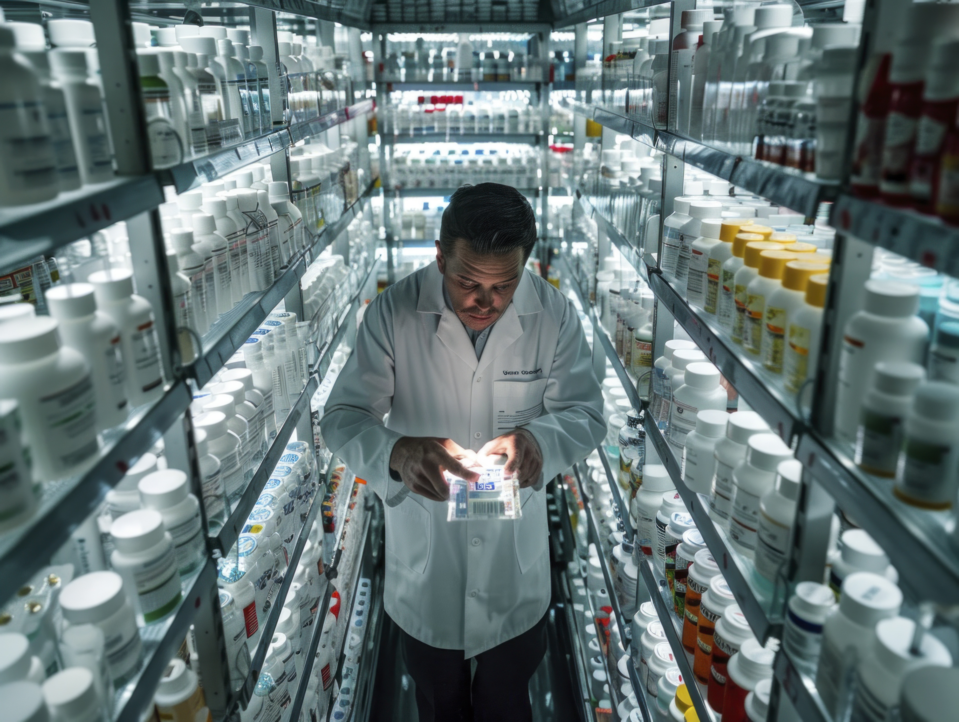 Clinician reviewing organized medical supplies on clean shelving