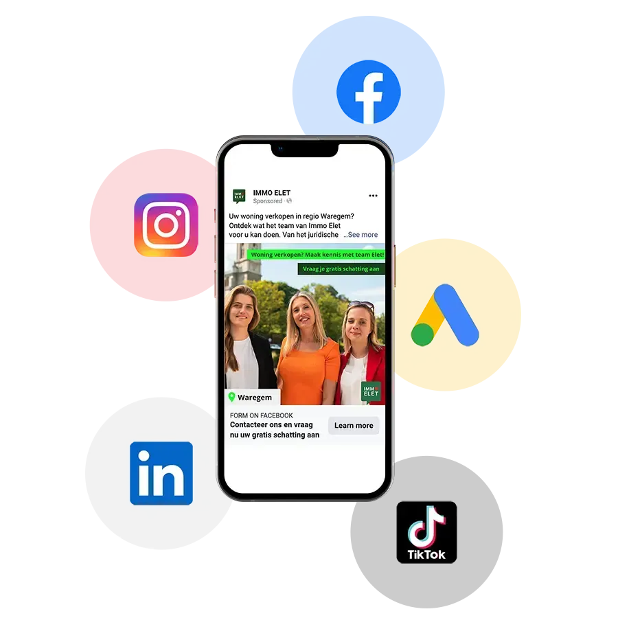 Facebook ads, Instagram ads, Google ads, LinkedIn ads, Tik Tok ads, marketing voorvoor vastgoedmakelaars