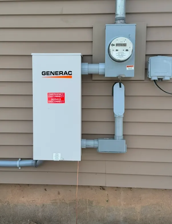Generac electrical panel with emergency disconnect, connected to meter base, mounted on exterior wall, showcasing modern electrical installation for residential use.