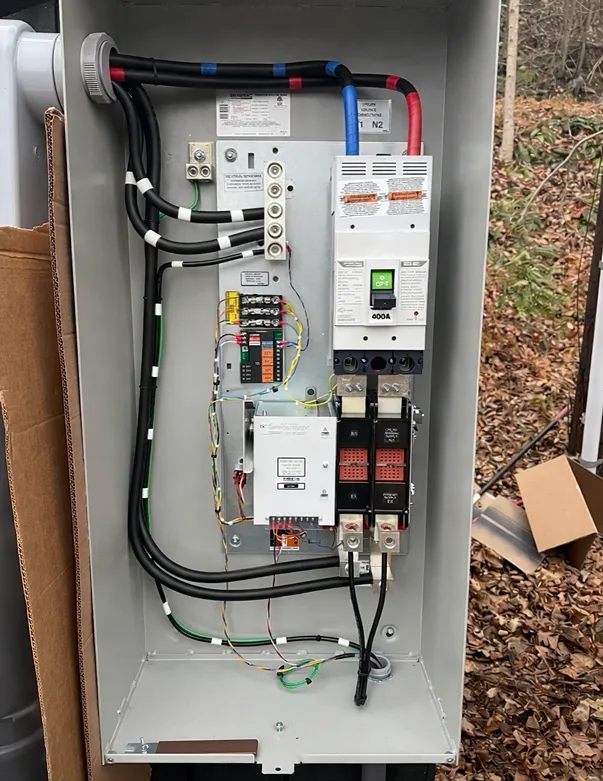 Electrical service panel with 400-amp capacity, featuring circuit breakers, wiring connections, and labels, set against a natural outdoor backdrop, emphasizing modern electrical upgrades for residential and commercial properties.