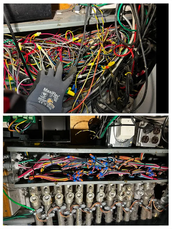 Messy electrical wiring with gloved hand on top, organized wiring and connectors below, illustrating electrical service work by Cawley Electric in Northeastern Pennsylvania.