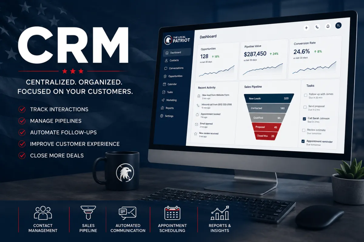CRM dashboard managing leads, customer communications, appointments, sales pipelines, and business automation in one platform.