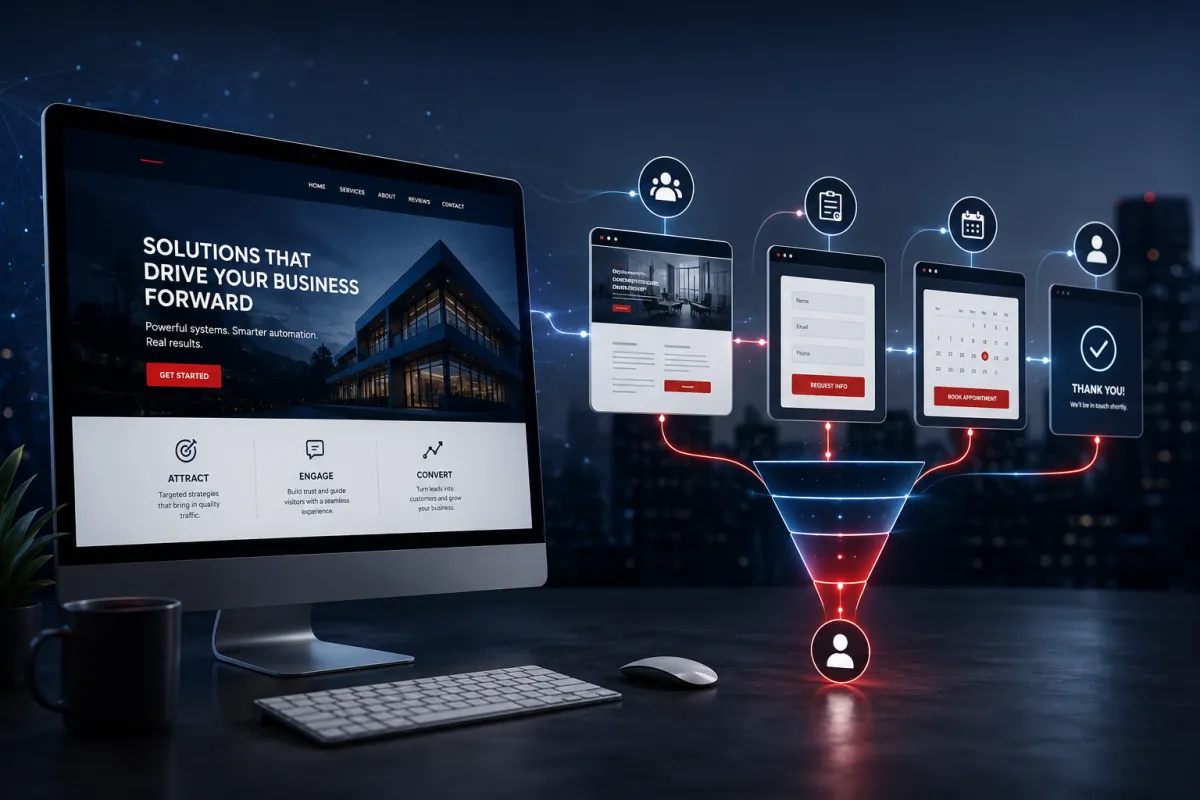 Conversion-optimized website and sales funnel system guiding visitors through lead capture, appointment booking, and customer conversion.