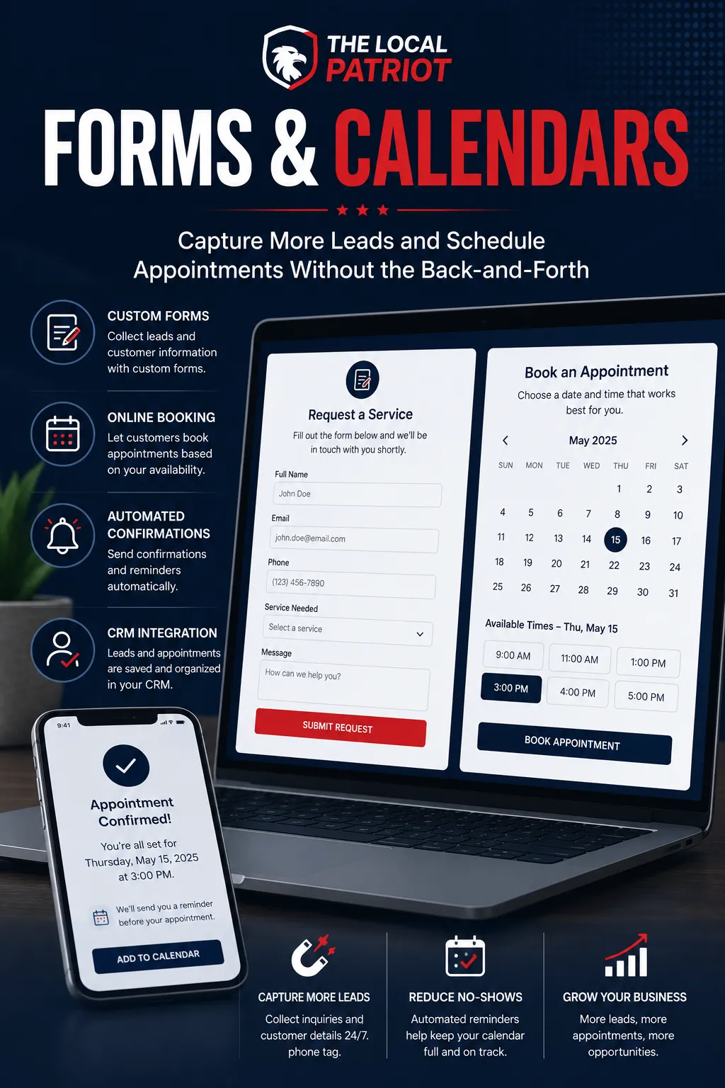 Online forms and calendar booking system capturing leads and scheduling customer appointments automatically.