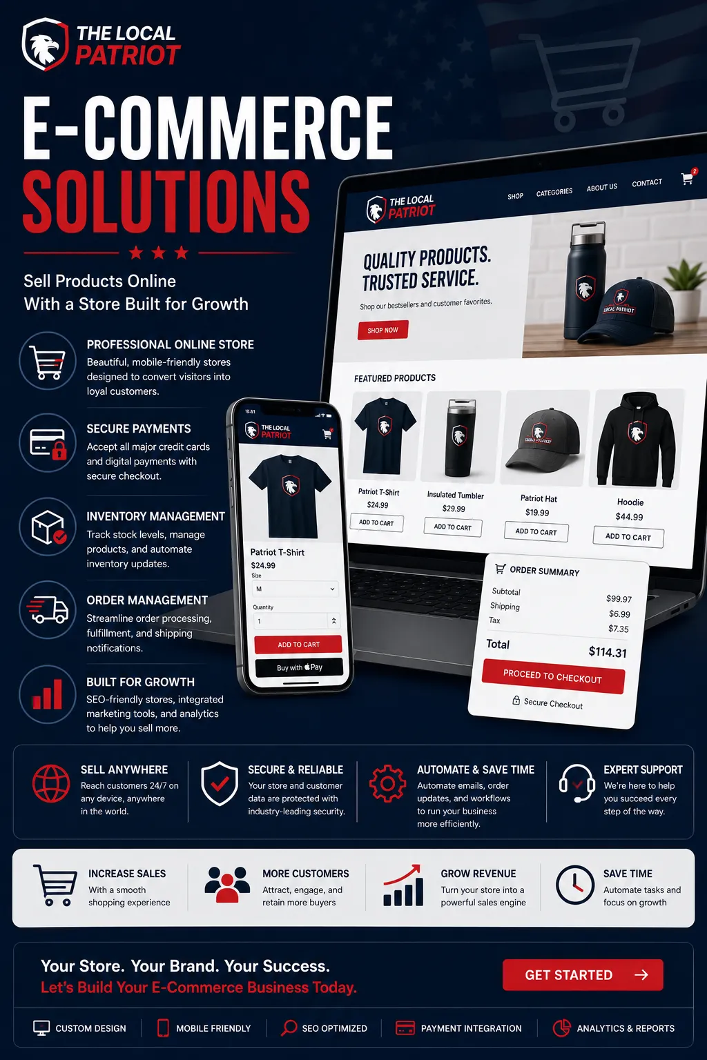 Professional e-commerce platform displaying products, online checkout, inventory management, and order processing tools.