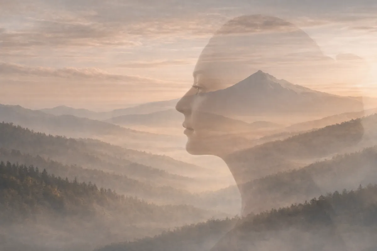 A wide, calm landscape through a high window with muted stone and sky tones.