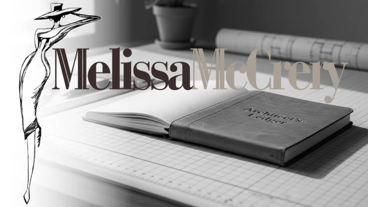 A minimal, editorial-wide banner: a monochrome close-up of a drafting table with a ruled grid, a leather-bound notebook titled 'Architect’s Ledger', cool natural window light, shallow depth, photorealistic editorial style emphasizing structure and craft.