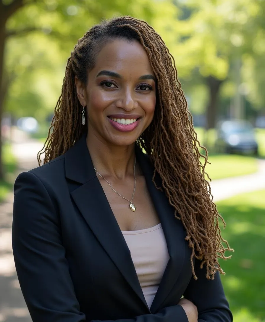 Portrait of Dr. Oluchi, Nigerian-American woman, 40s, white coat, gentle smile, bookshelf background, soft window light, approachable and wise