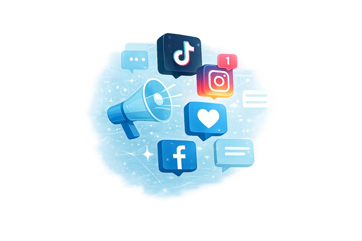 Paid advertising campaign management illustration showing Google Ads, Facebook Ads, and performance tracking.