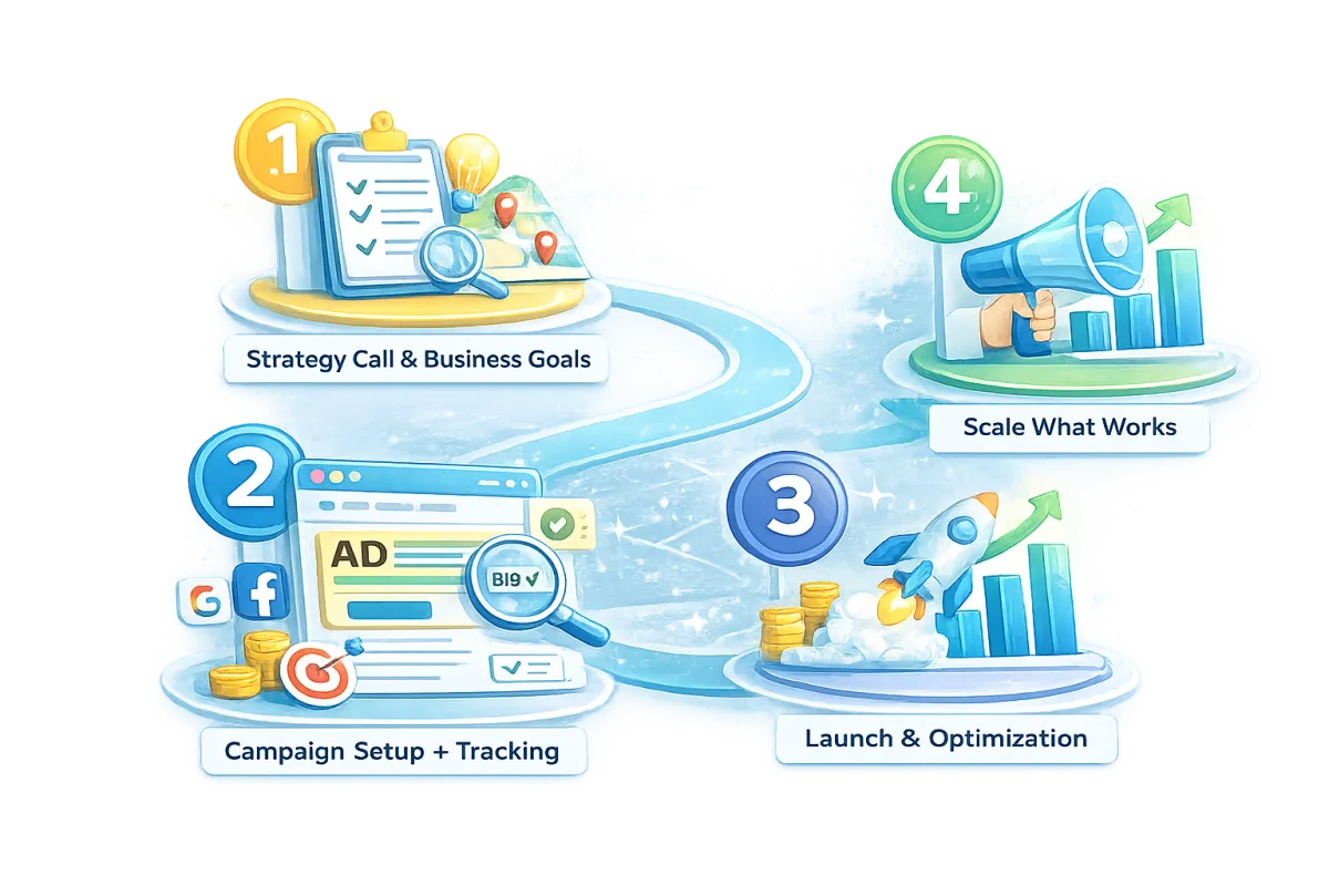 Paid advertising campaign management illustration showing Google Ads, Facebook Ads, and performance tracking.