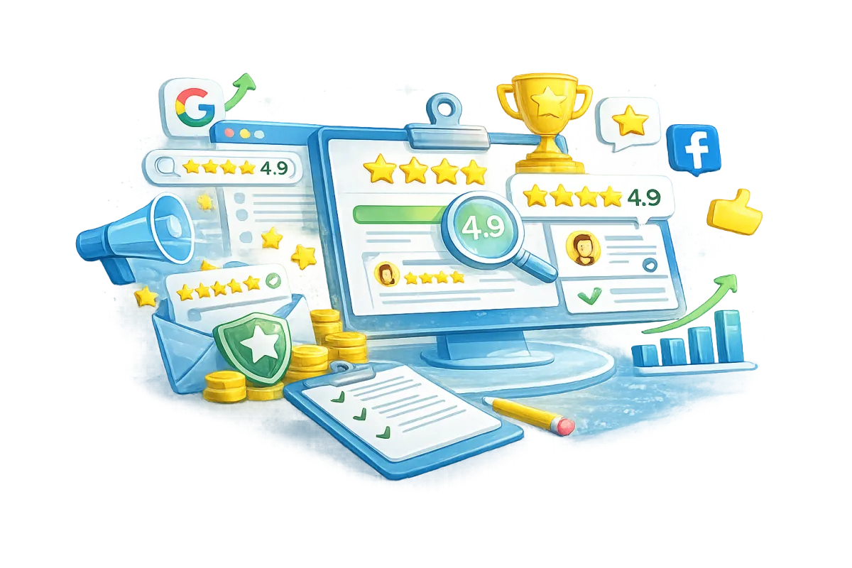Paid advertising campaign management illustration showing Google Ads, Facebook Ads, and performance tracking.