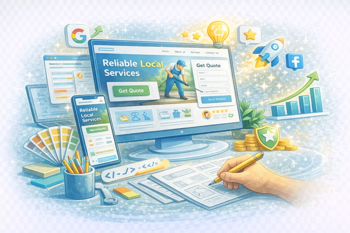 Paid advertising campaign management illustration showing Google Ads, Facebook Ads, and performance tracking.