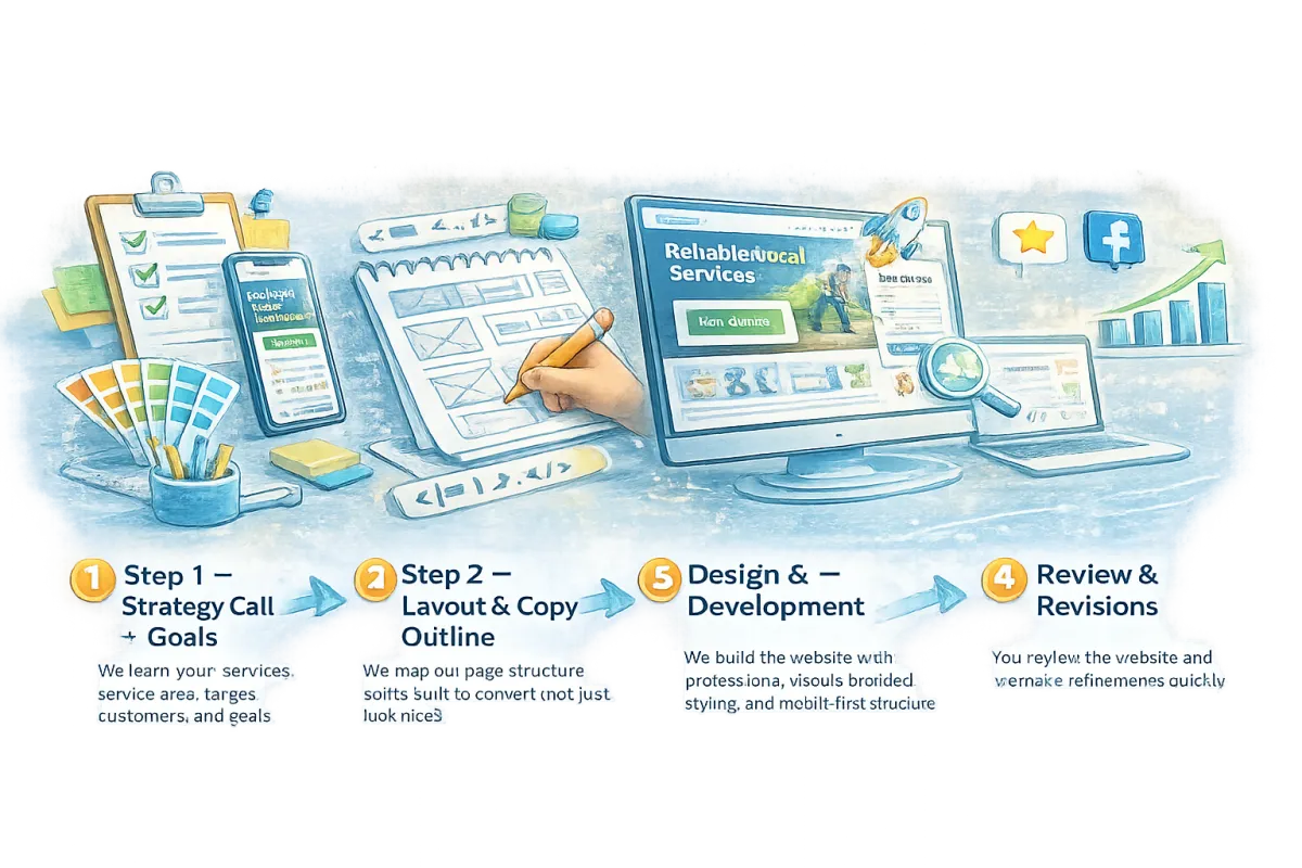 Paid advertising campaign management illustration showing Google Ads, Facebook Ads, and performance tracking.